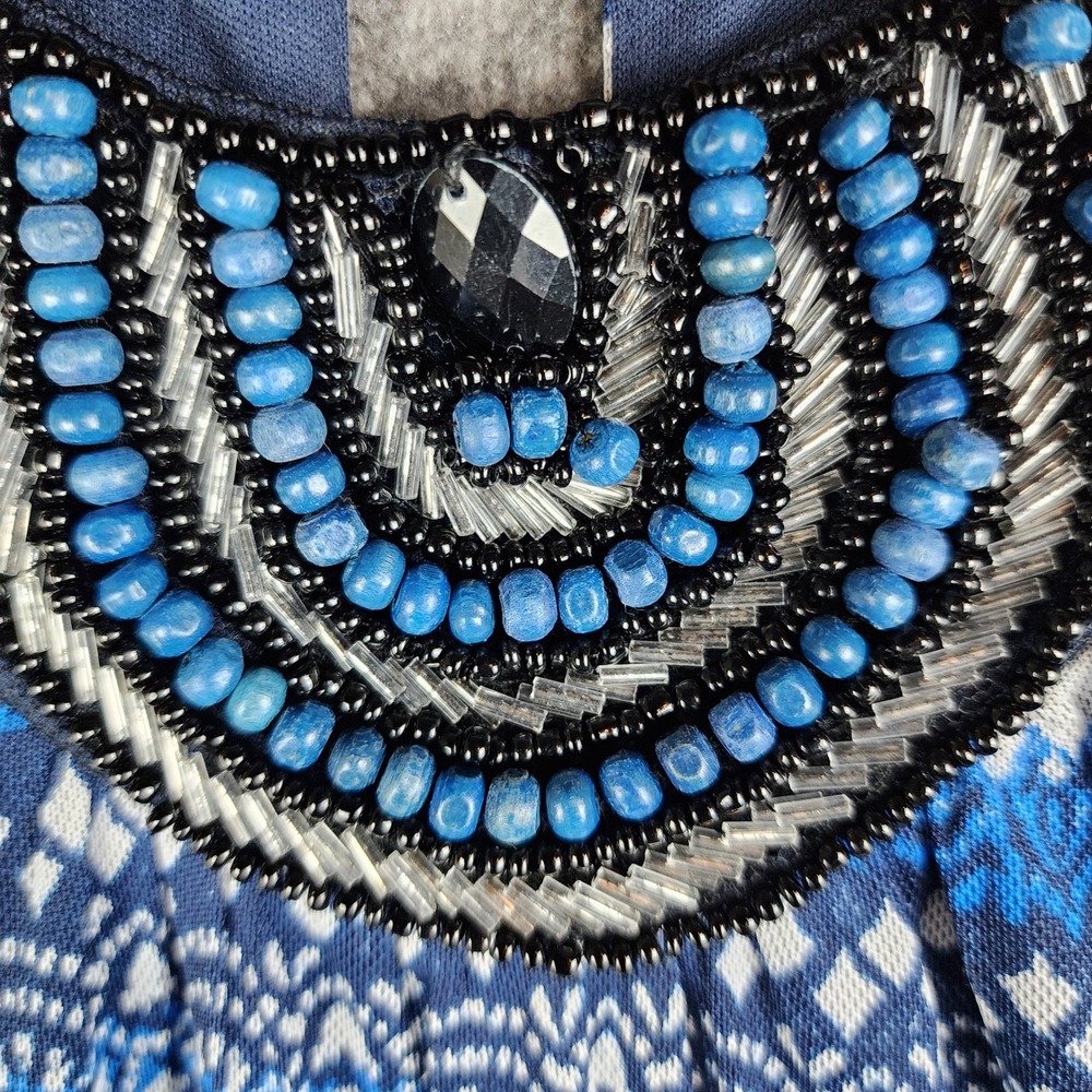 Cato Maxi Dress Women Medium Blue White Beaded Halter Geometric‎ Tile Print Boho - Picture 3 of 11
